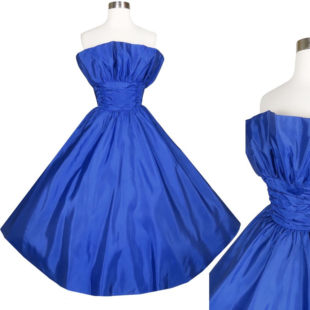 Vintage 80s 50s Blue Strapless Fan Bust Ruffle Full Skirt Prom Party Dress XS
